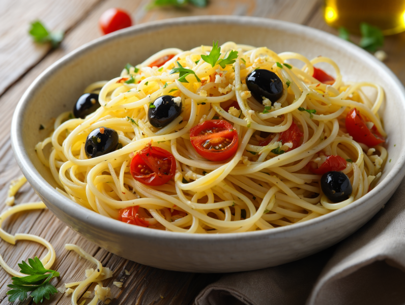 Linguini with Olives and Tomatoes - Italian Pasta