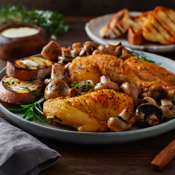 Spiced Chicken with Wild Mushrooms and Garlic Toast - British Main course